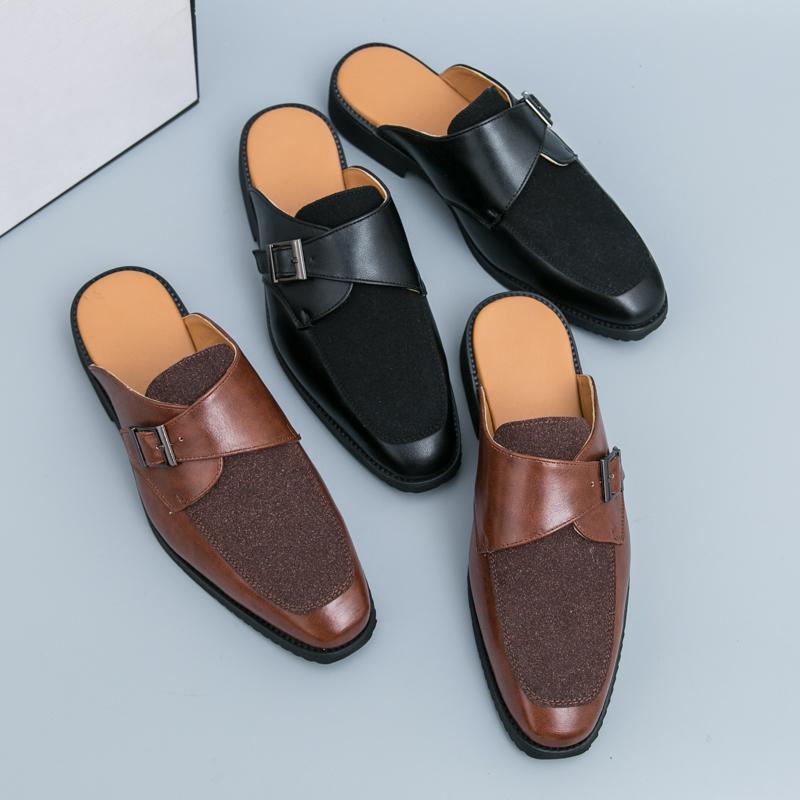 Fashion Business Men Slippers Black Brown European Indoor Outdoor Versatile Fashionable Small Leather Shoes Size 38-46 Men Slippers