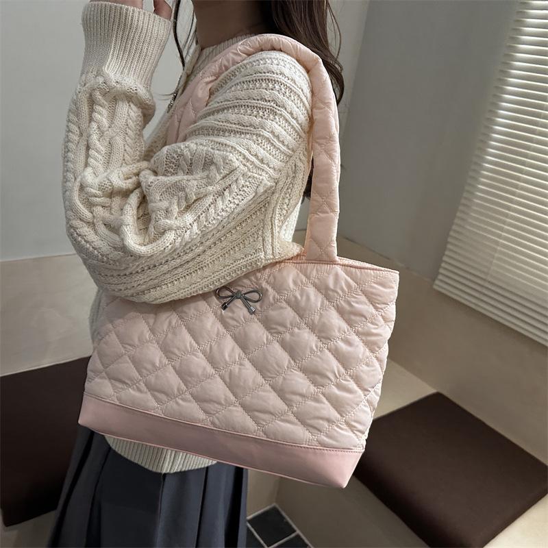 Autumn Bow Quilted Design Women Shoulder Bags Large Capacity Solid Color Ladies Tote Bag College Style Simple Girls Handbags