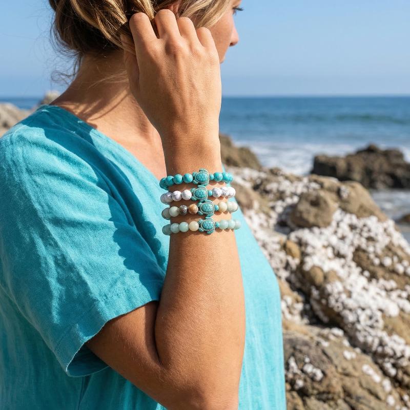Ocean Sea Turtle Beaded Bracelets Bohemian Turquoise Natural Stone Elastic Friendship Summer Beach Jewelry For Women Men