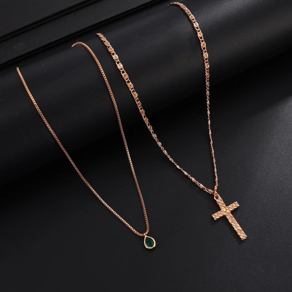 New 1 Pcs/set Retro Acrylic Rhinestone Metal Cross Pendant Choker Necklace Men Trendy Adjustable Gold Color Chain Jewelry