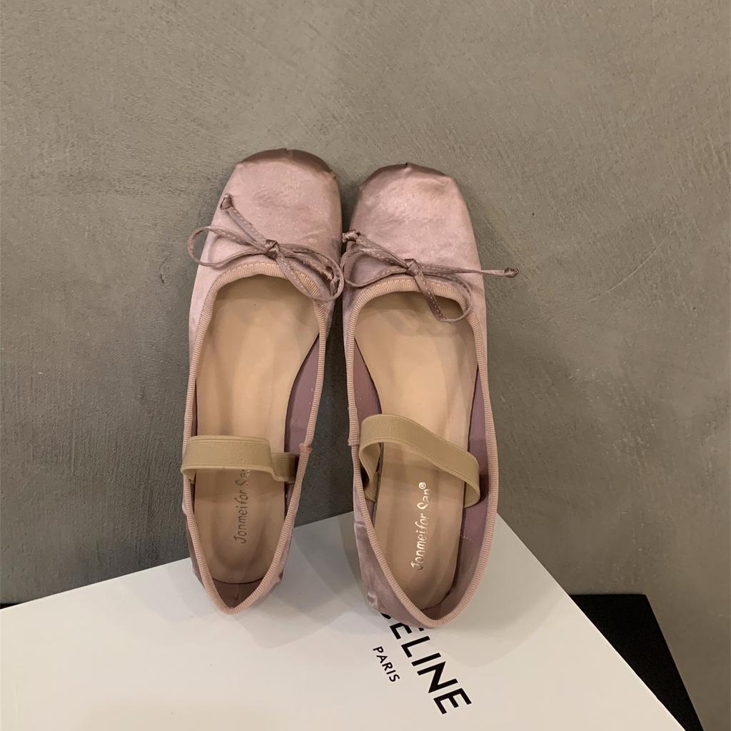 Fashion Bailamos Brand Luxury Satin Silk Ballet Shoes Woman Classic Square Toe Bowtie Elastic Band Ballerina Flats Ladies Soft Loafers M