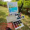 24 Color Mini Watercolor Paint Empty Box Portable Folding Art Tool Outdoor Sketching Handcrafted Drawing Board Palette Supplies