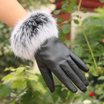 Warm Leather Gloves for Women In Autumn and Winter Outdoor Riding PU Leather Color Rabbit Fur Mouth Plus Velvet Cold Proof Touch Screen Gloves
