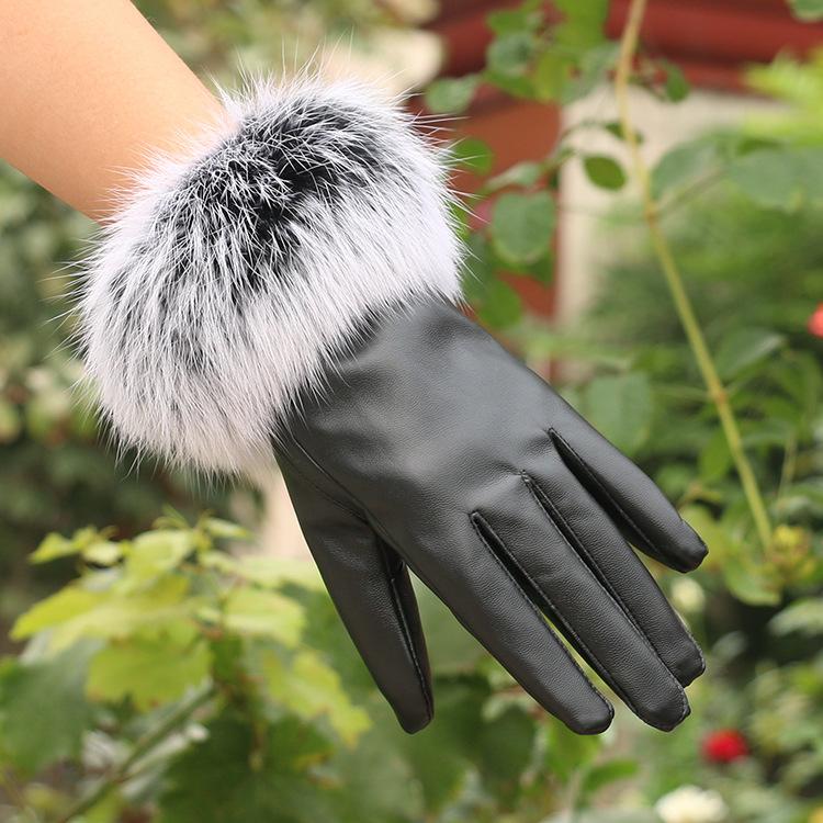 Warm Leather Gloves for Women In Autumn and Winter Outdoor Riding PU Leather Color Rabbit Fur Mouth Plus Velvet Cold Proof Touch Screen Gloves