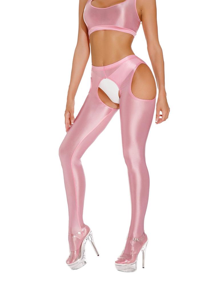 Sexy Satin Oil Shiny Pencil Pants Elastic Hollow Out Tight Sheer See Through Leggings Dance Candy Color Leotard Crotchless