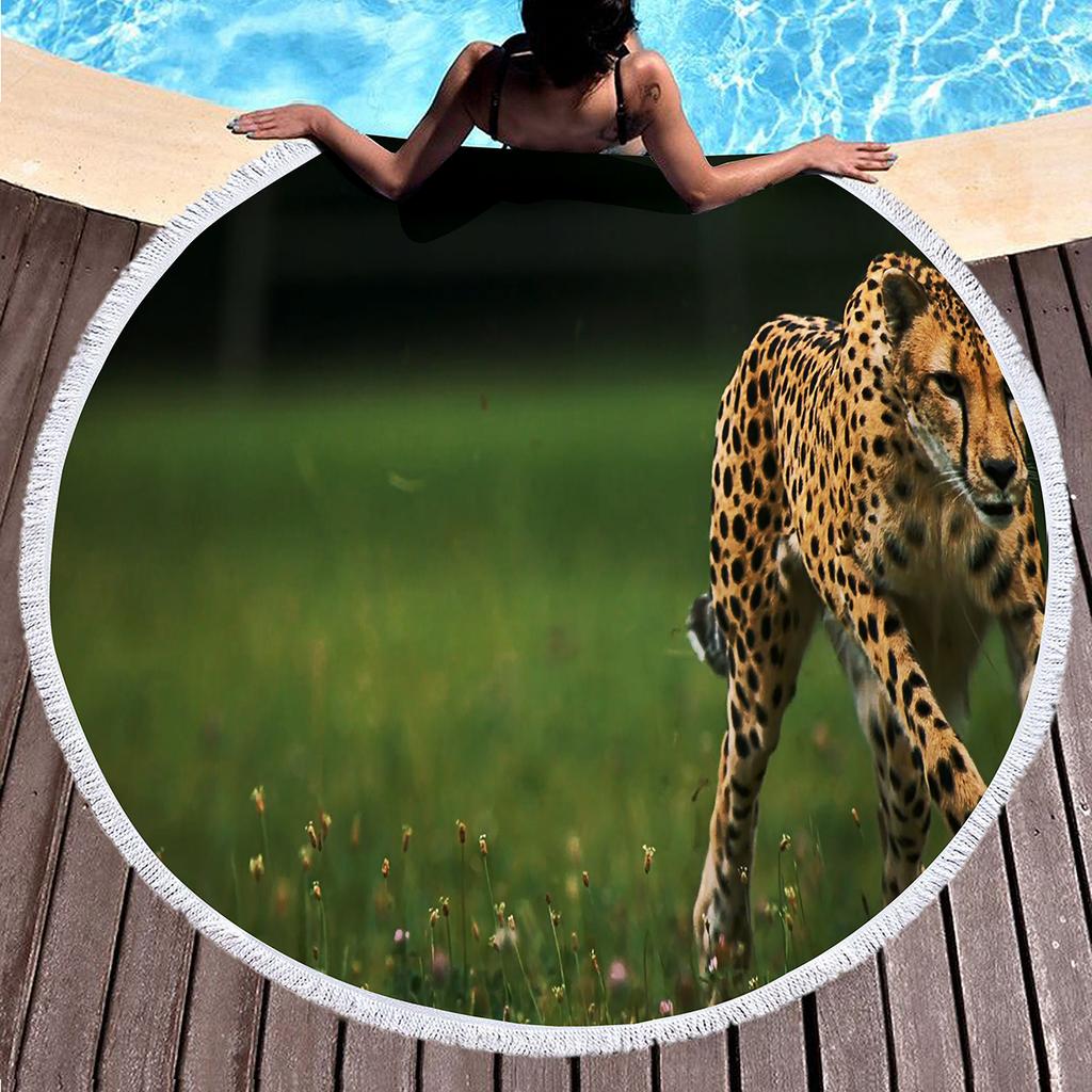 Cheetah Round Beach Towel, Soft Absorbent Quick Dry Africa Tropical Wild Animal Themed Pool Towel, Portable Circle Picnic Mat