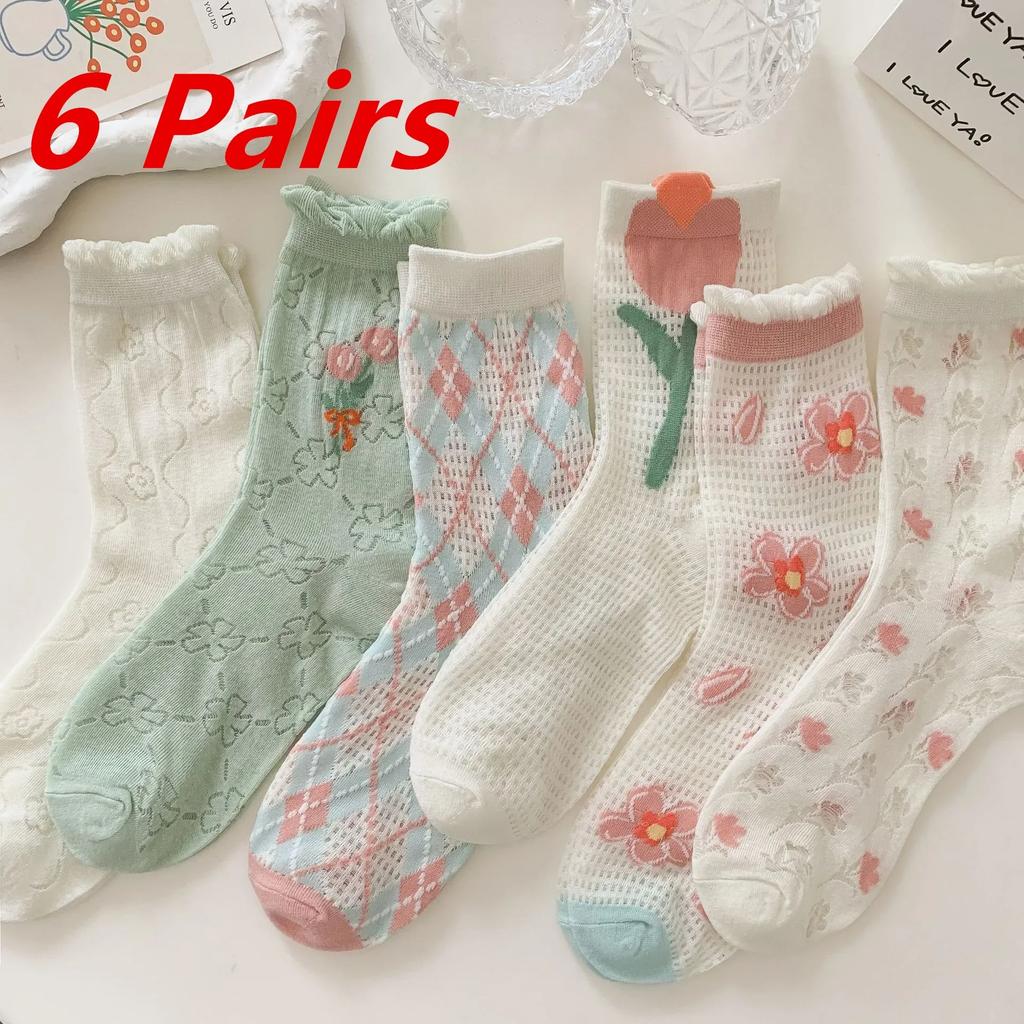 5 Pairs Lot Women Socks Cotton Japanese Korean Style Cute Flower Print Hajuruku Kawaii Floral Breathable Casual Sweet Socks