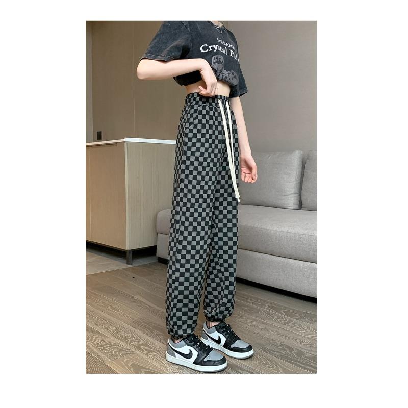 

Клетчатые брюки Ice Tow Leg Брюки для женщин Летние тонкие с высокой талией Черно-белые клетчатые утягивающие универсальные повседневные свободные спортивные брюки XXL