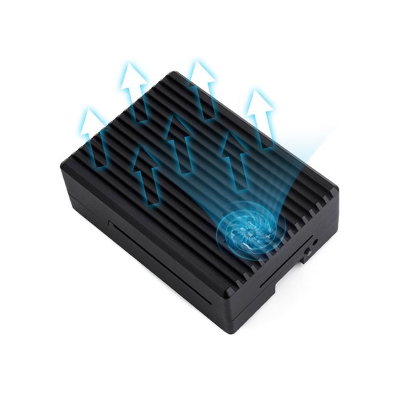 Aluminum Case Stripe Grooved Surfaces for RPi 5 Metal Enclosure with Built-In Cooling Fan Heatsink Pad