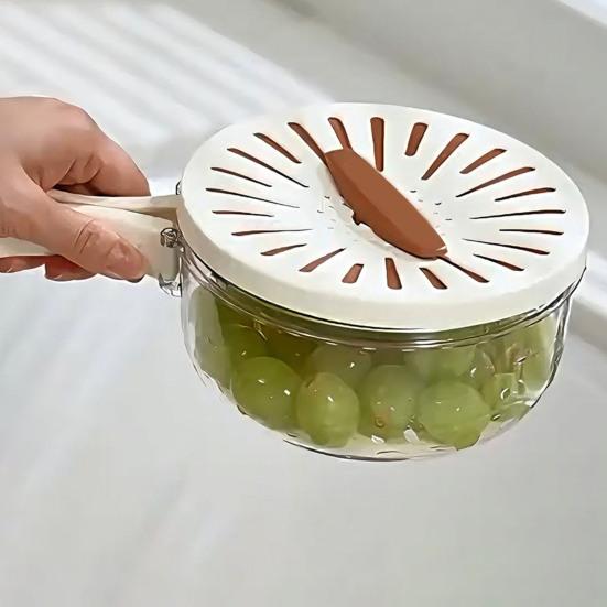 2-in-1 Draining And Preservation Basket Fruit Bowl with Strainer Lid Fruit And Vegetable Washing Bowl with Foldable Handle for Camping Kitchen Fridge