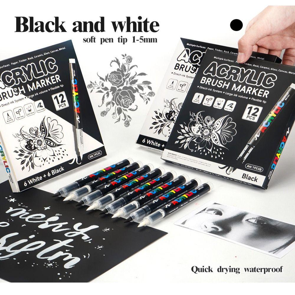 12Pcs/Box Black/White Acrylic Marker Pen Quickly Dry Waterproof Acrylic Paint Markers DIY Soft Tip Brush Tip Marker Art Drawing