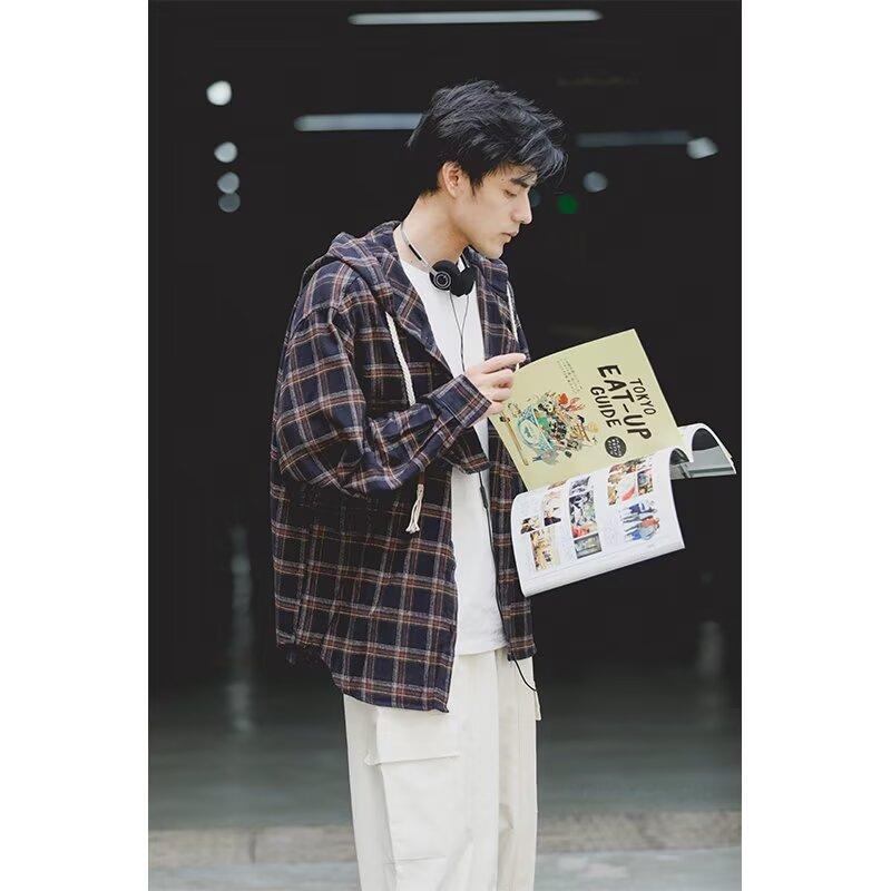 Retro podzimní košile v japonském stylu Pánská hnědá Oblečení pro kluky Kostkované oblečení Dospívající Dlouhý rukáv S kapucí