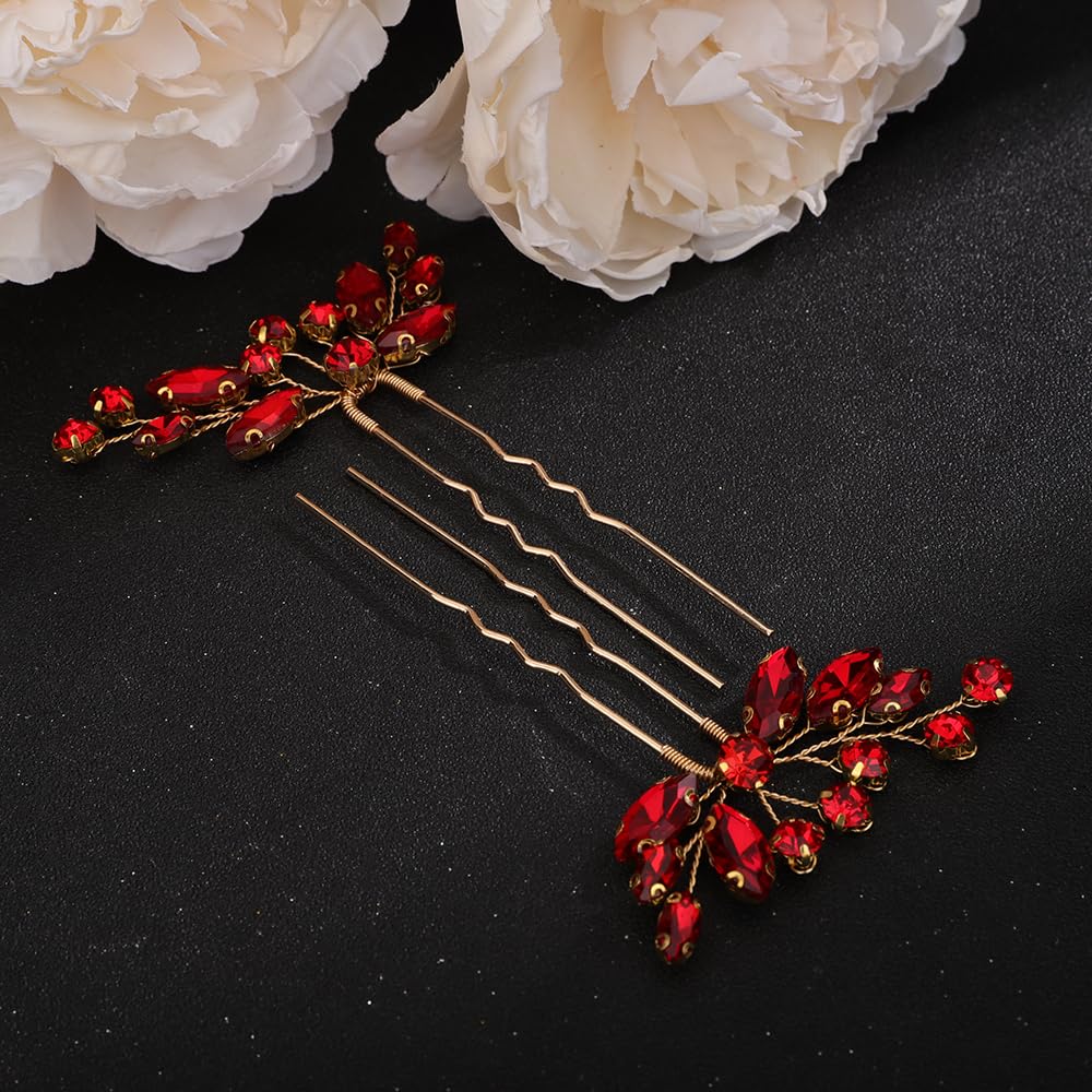 Teyglen 3pcs Crystal Bride Wedding Hair Pins Bridal Red Rhinestone Hair Pins Set Handmade Blue Black Red Crystal Hair Pieces Wedding Hair Accessories