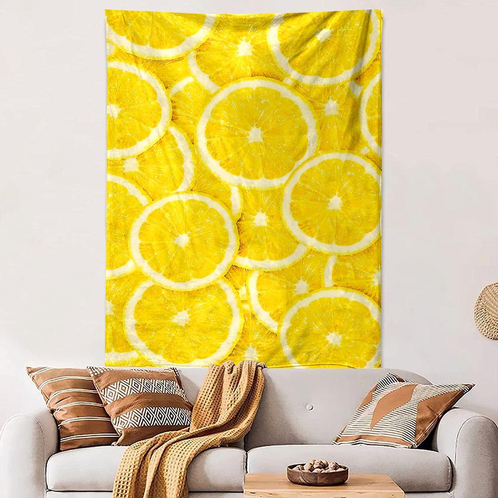 Fresh Lemon Slices Bright Yellow Citrus Fruit Pattern Wall Tapestry Kitchen Decor for Dining Room Living Room