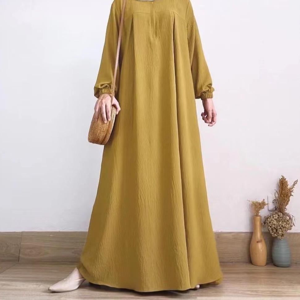2024 Women's Solid Color Long Sleeve Muslim Dress with Zipper Placket & Elastic Cuffs