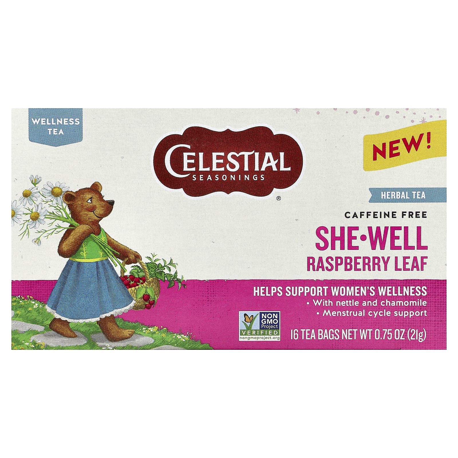 

Celestial Seasonings, She-Well, Herbal Tea, Raspberry Leaf, Caffeine Free, 16 Tea Bags, 0.75 oz (21 g)