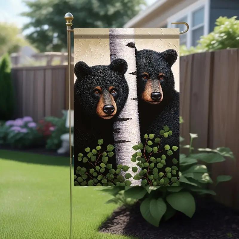 1pc, Double-Sided Black Bear Welcome Garden Flag, , Polyester, Outdoor Courtyard Decoration, Garden Flag, Holiday Home Decoration, Without Flagpole