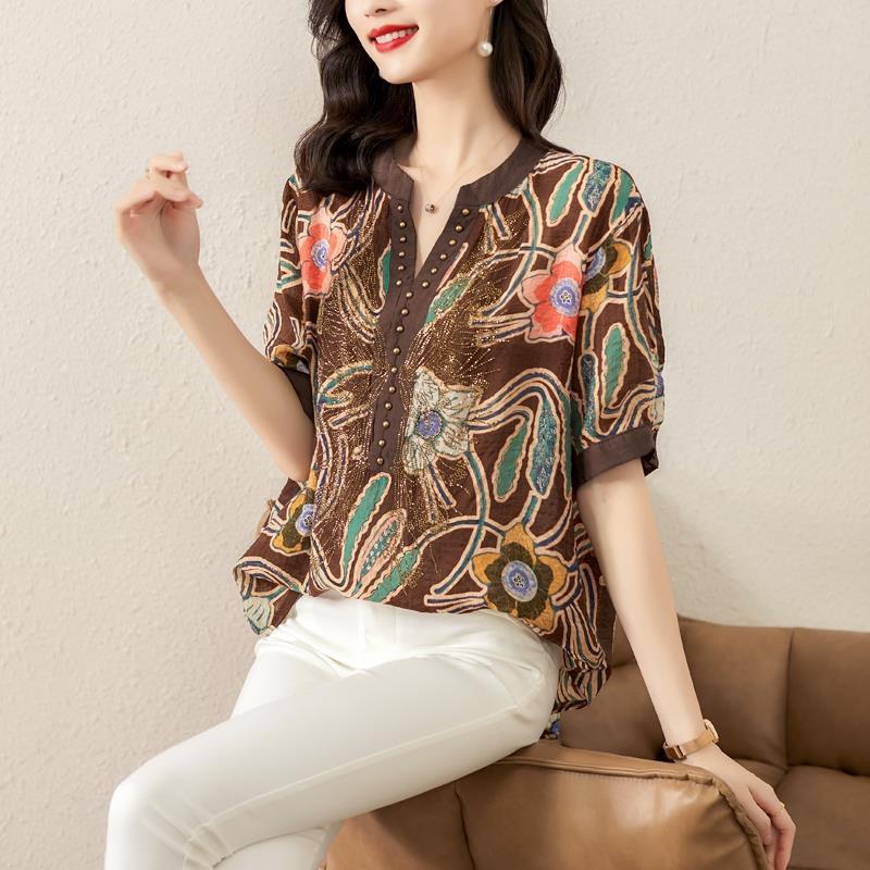Summer V-neck Vintage Printed Loose Casual Diamons Shirt Women Oversized All-match Fashion Pullover Blouse Lady Short Sleeve Top