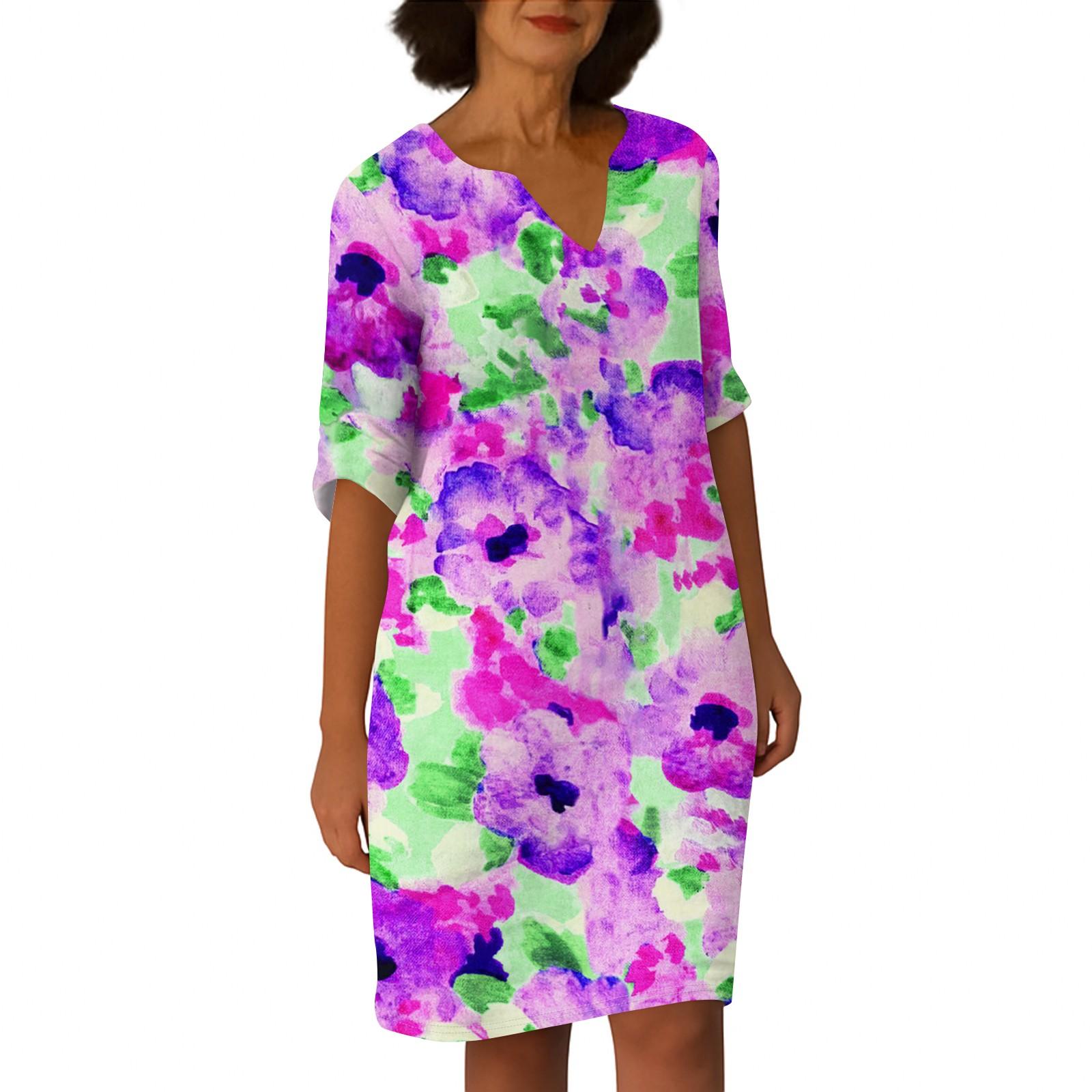 

Платья для женщин. Винтажное платье-туника с принтом и талией. Летнее повседневное платье с половиной рукавов. XL фиолетовый