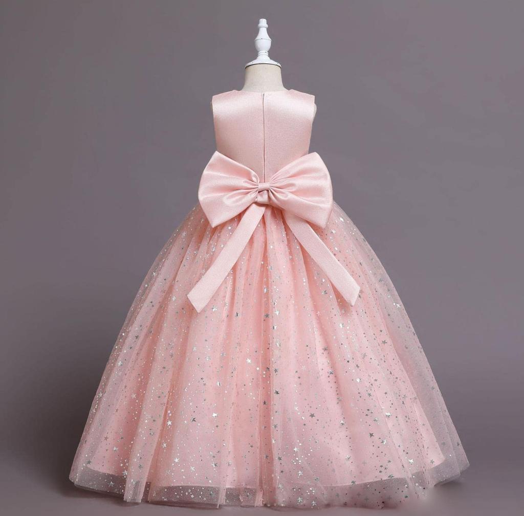 VIISEN Dress for Piano Formal Dress with Bow and Junior Long Dress with Star Suitable for and Size Children's Recitals, Girls' Ribbon, Pattern, Stage,
