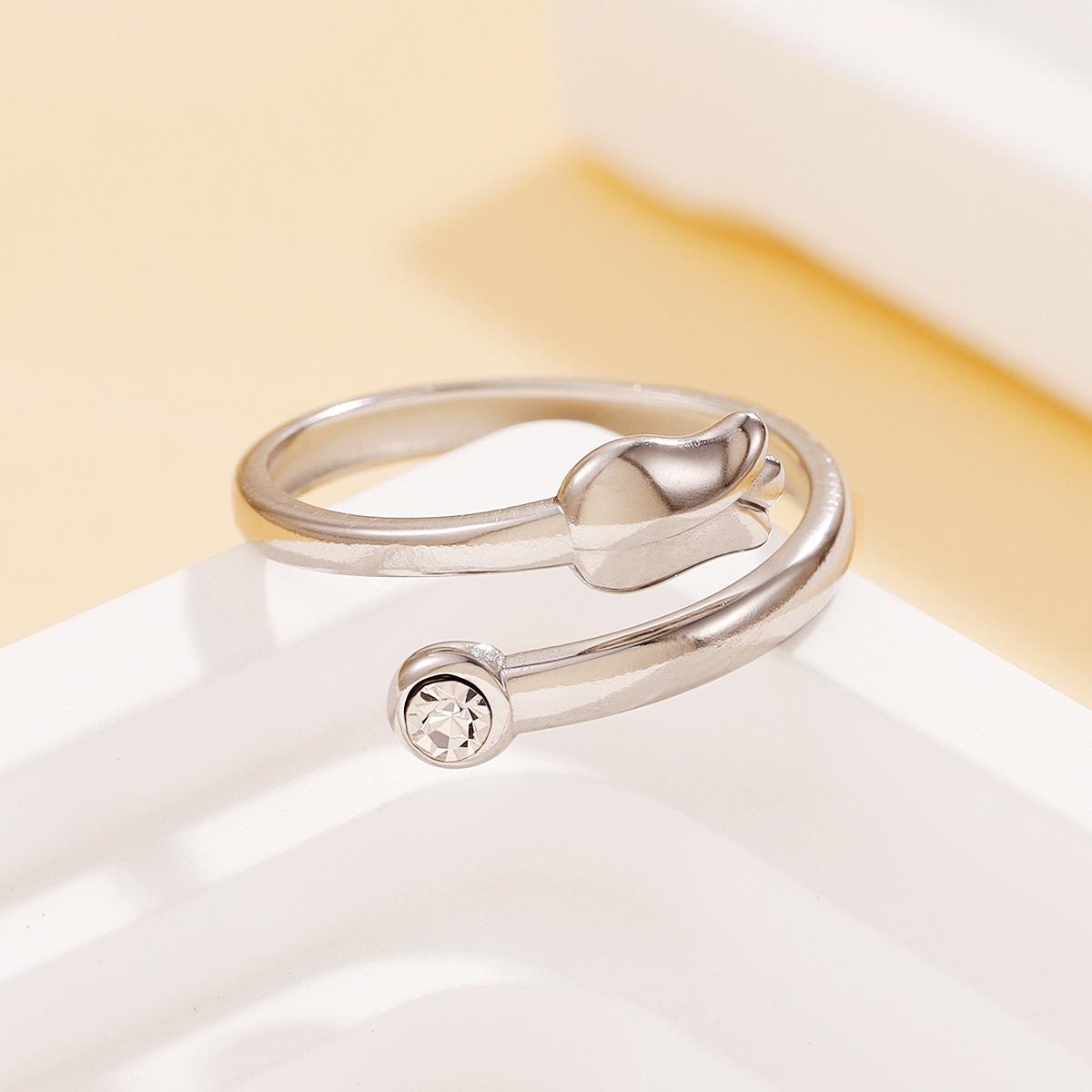 Elegant Stainless Steel Diamond Tulip Open Ring