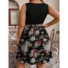 Women's Fashionable Casual Color Blocked Printed Sleeveless Waist Dress In Large Size