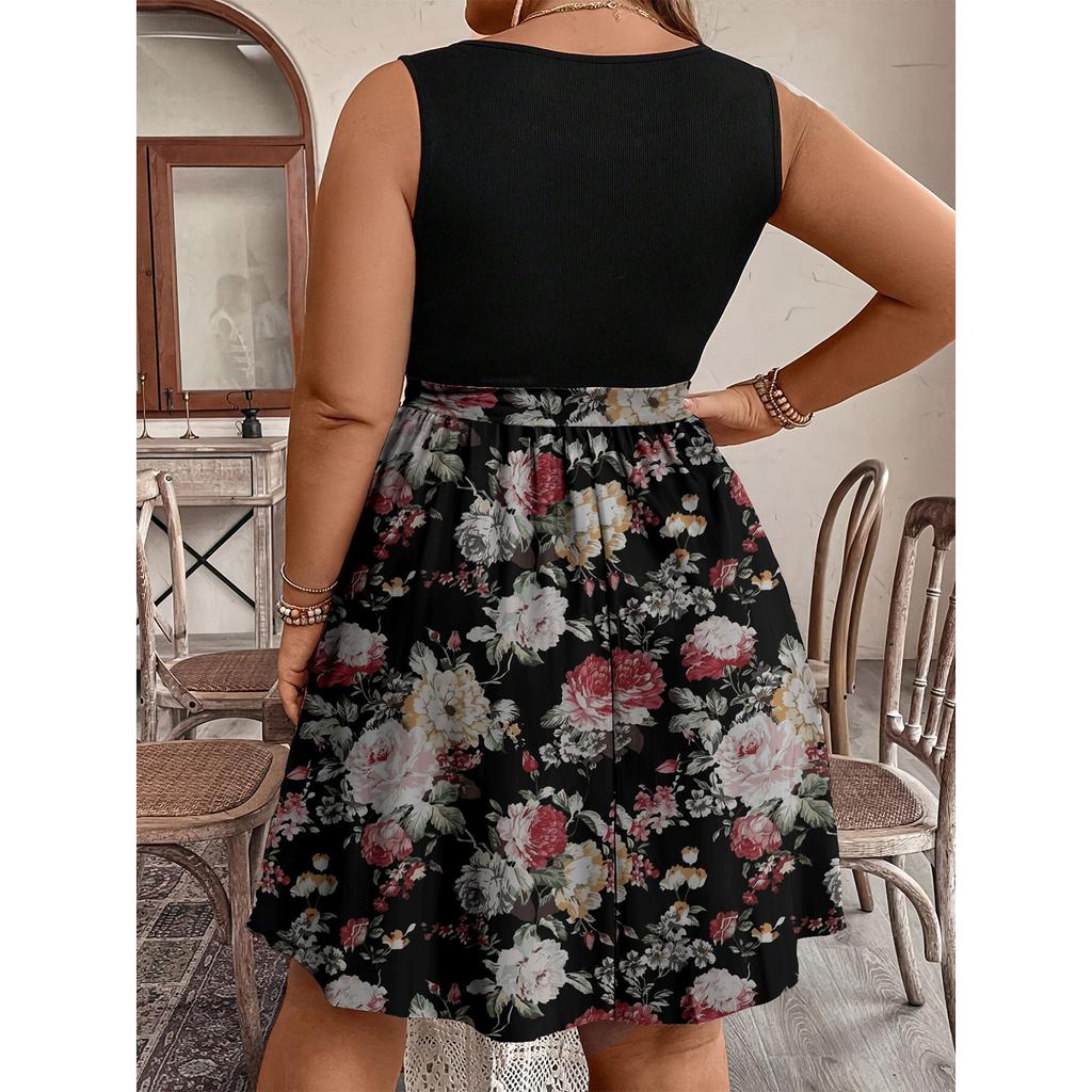 Women's Fashionable Casual Color Blocked Printed Sleeveless Waist Dress In Large Size
