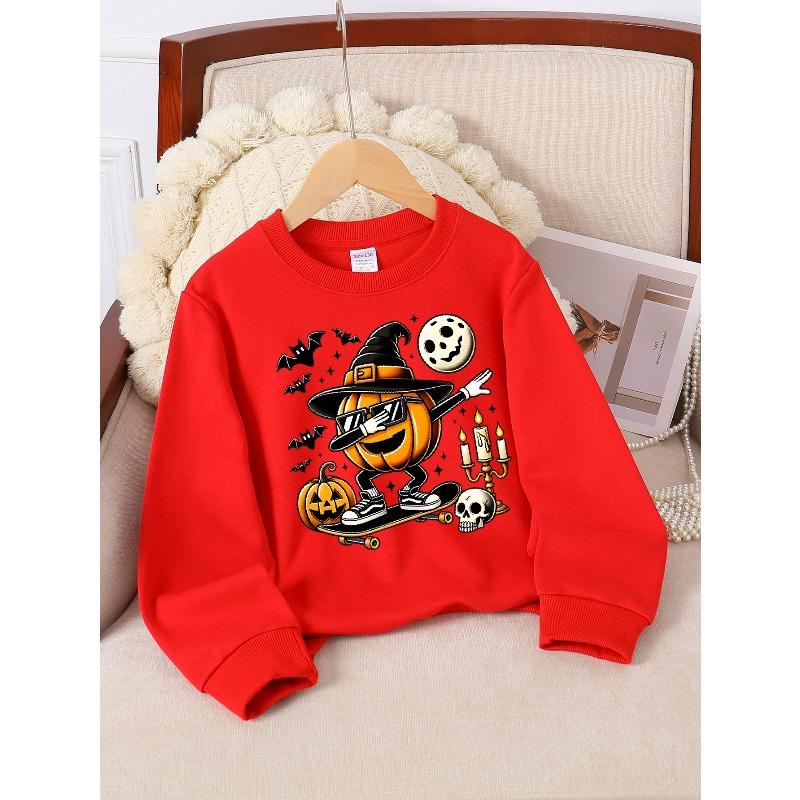 European sizes Girls' Long-Sleeve Crewneck Sweatshirt "Pumpkin Skateboard" Printed Top, Casual for Celebrations & Everyday Wear