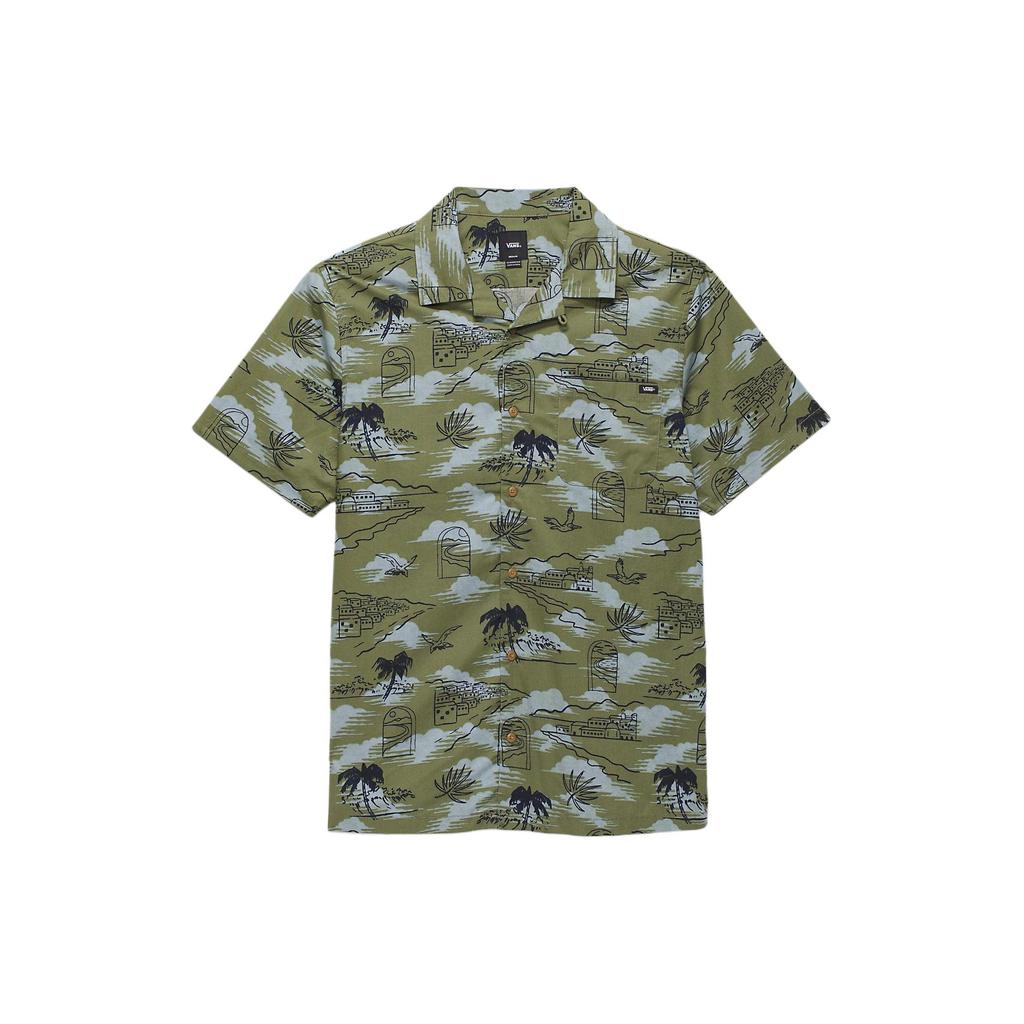 Vans Davista Buttondown Shirt Graffiti Print Short Sleeve Men Shirts Olive-Green VN000G7GAMB