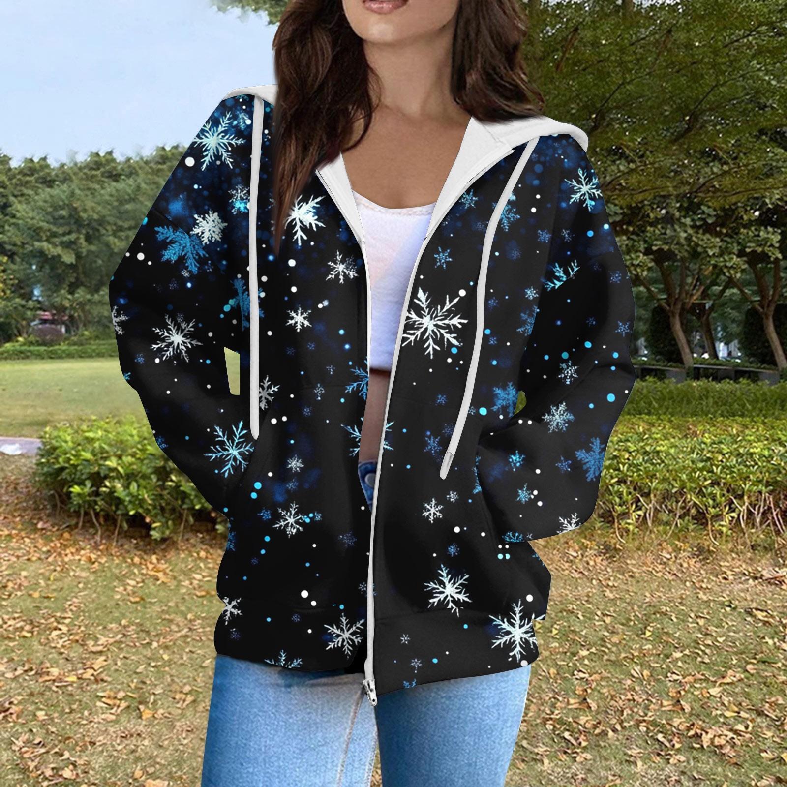 Женская модная повседневная толстовка с рождественским принтом и длинными рукавами карманная куртка пальто с капюшоном на молнии M 2193₽