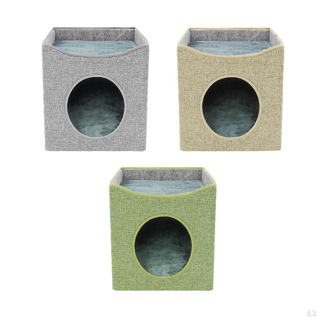 Cat Bed Cube House Double Layer with Sided Cushion Cute Soft Pet Sleeping Foldable Cave