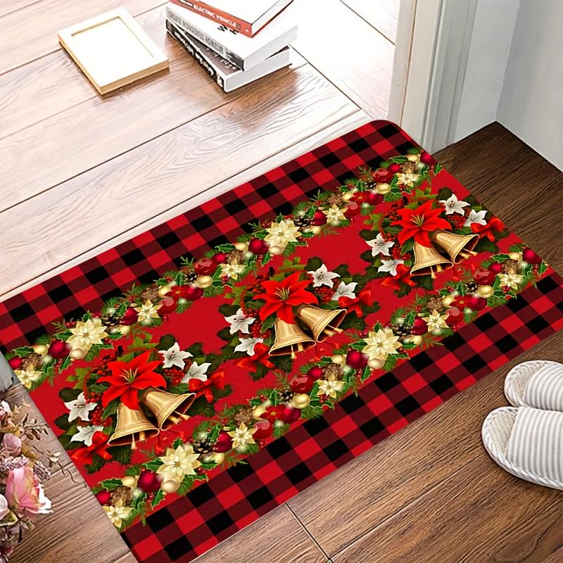 VIKAMA Christmas Themed Entrance Doormat Hallway Anti Slip Water Absorbing Red And Black Checkered Festive Decorative Rug 40x60cm