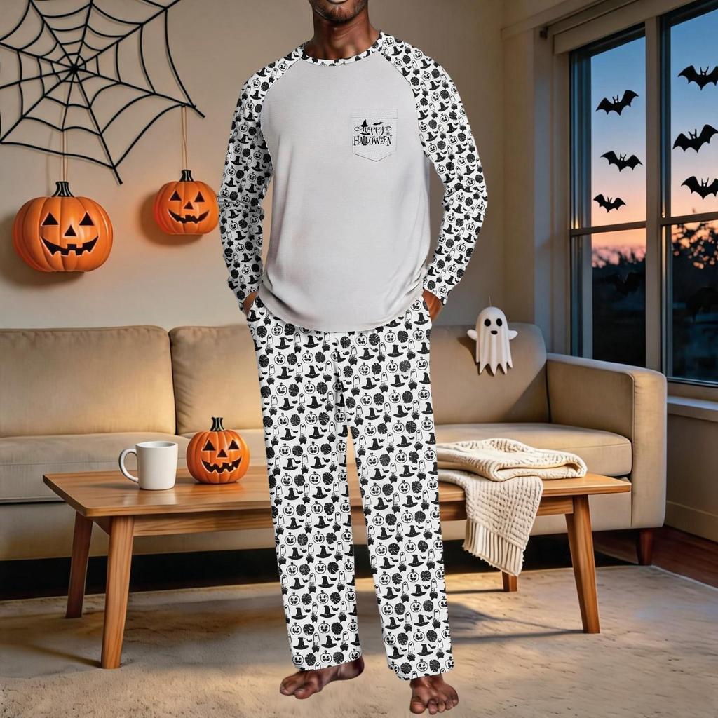 Men's Halloween Pajama Set with Raglan Long Sleeve Top, Pockets and Elastic Waist Pants - Loose Fit 2-Piece Sleepwear