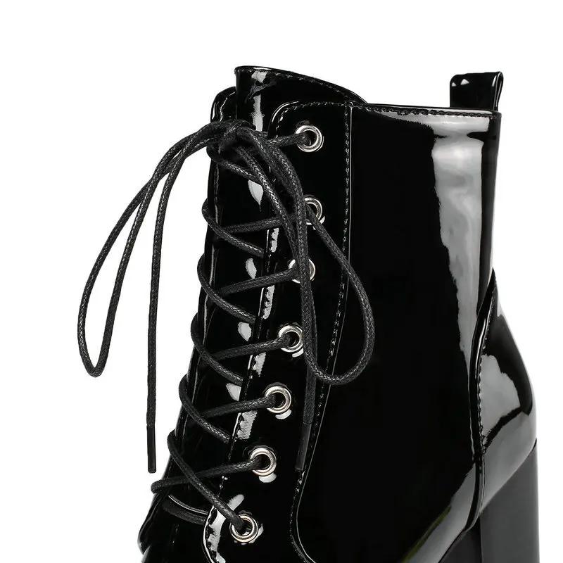Fashion Autumn winter super high heel short boots women's thick heel waterproof platform lace up boots patent leather high heel shoes