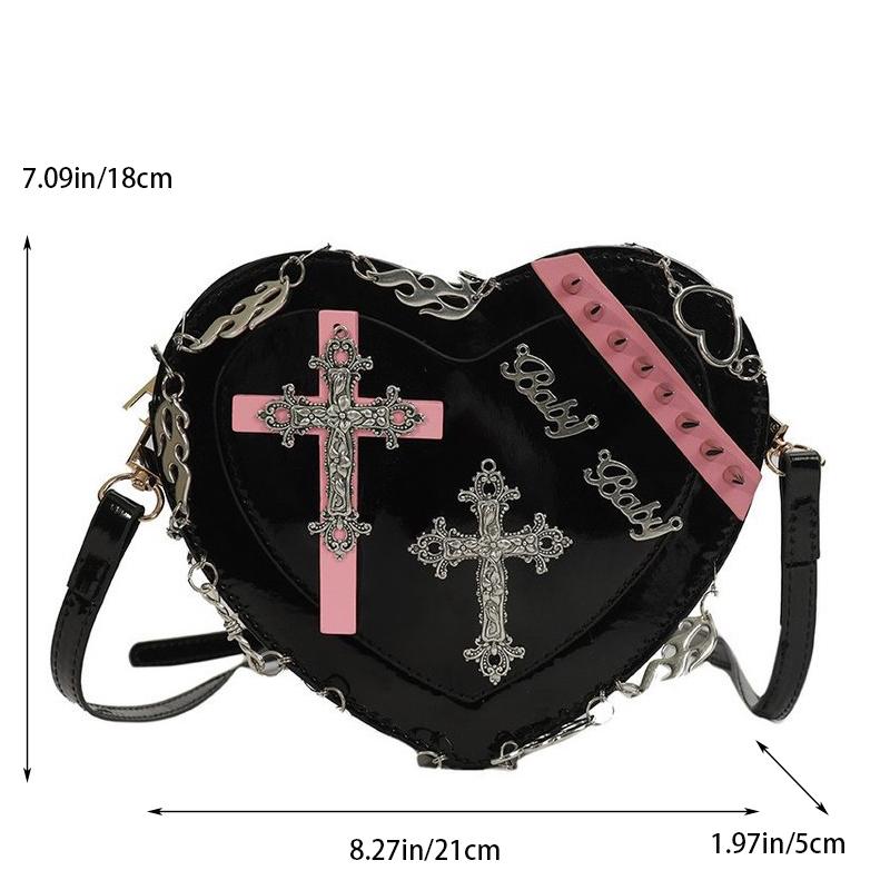 Y2K Women's Shoulder Bag Heart-shaped Leather Gothic Crossbody Bag Punk Metal Decoration Lady Purse