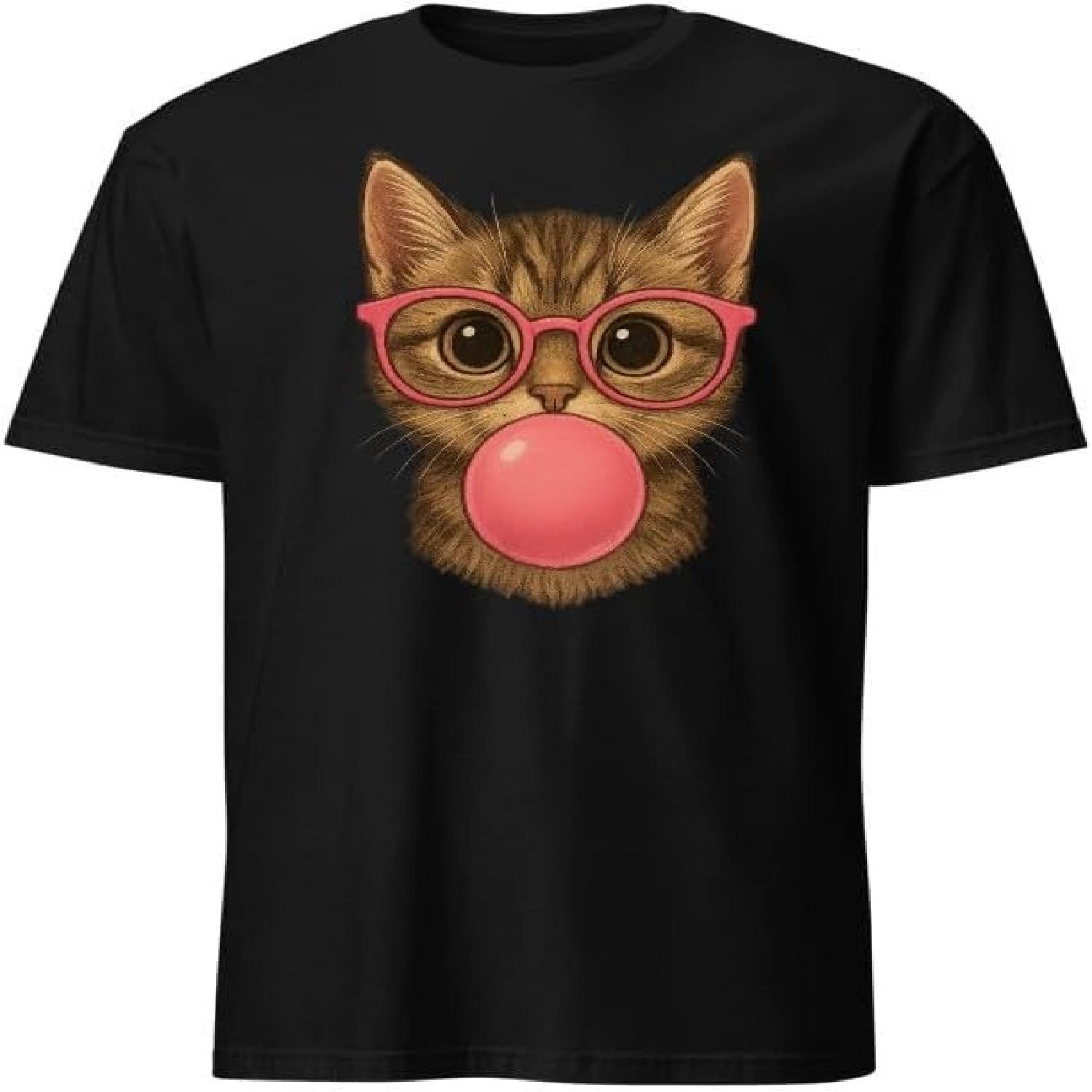 Wearing Sunglasses Cat Face Eating Gum- Makes A Pink Bubble Tee Cute Cat T-Shirt for Men, Women and Kids S
