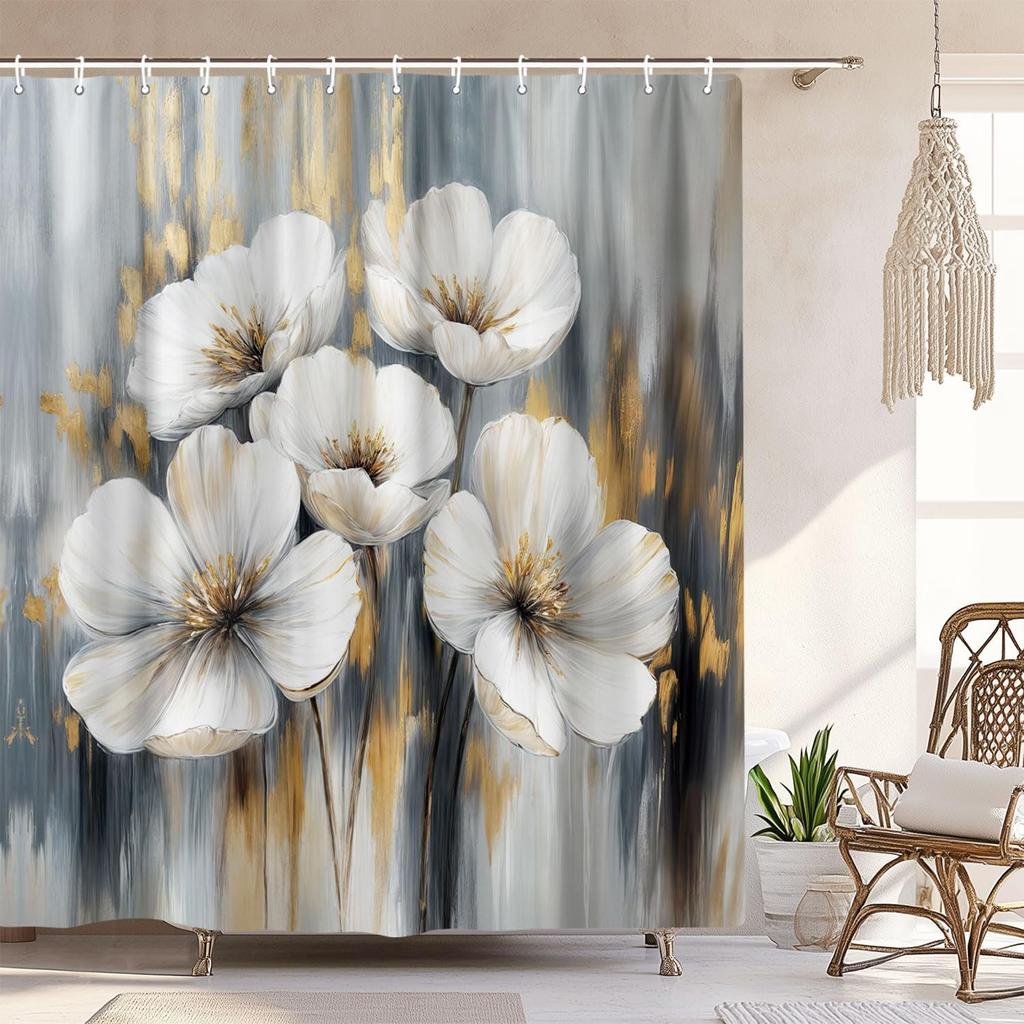 Black Gold Abstract Shower Curtain, Boho Modern Aesthetic, Oil Painting Neutral Art, Fabric Bathroom Set With Hooks