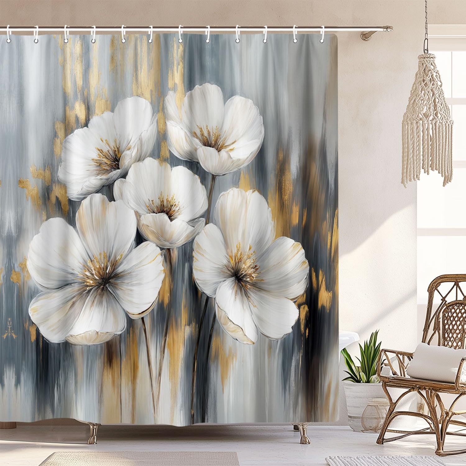 

Black Gold Abstract Shower Curtain, Boho Modern Aesthetic, Oil Painting Neutral Art, Fabric Bathroom Set With Hooks W120xH180cm