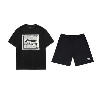 Li Ning Letter Logo Printed Fashion Comfortable Summer Round Neck Pullover Short Sleeve T-Shirt Casual Sports Set Unisex Tops AHSUA15-2+YKSV147-2