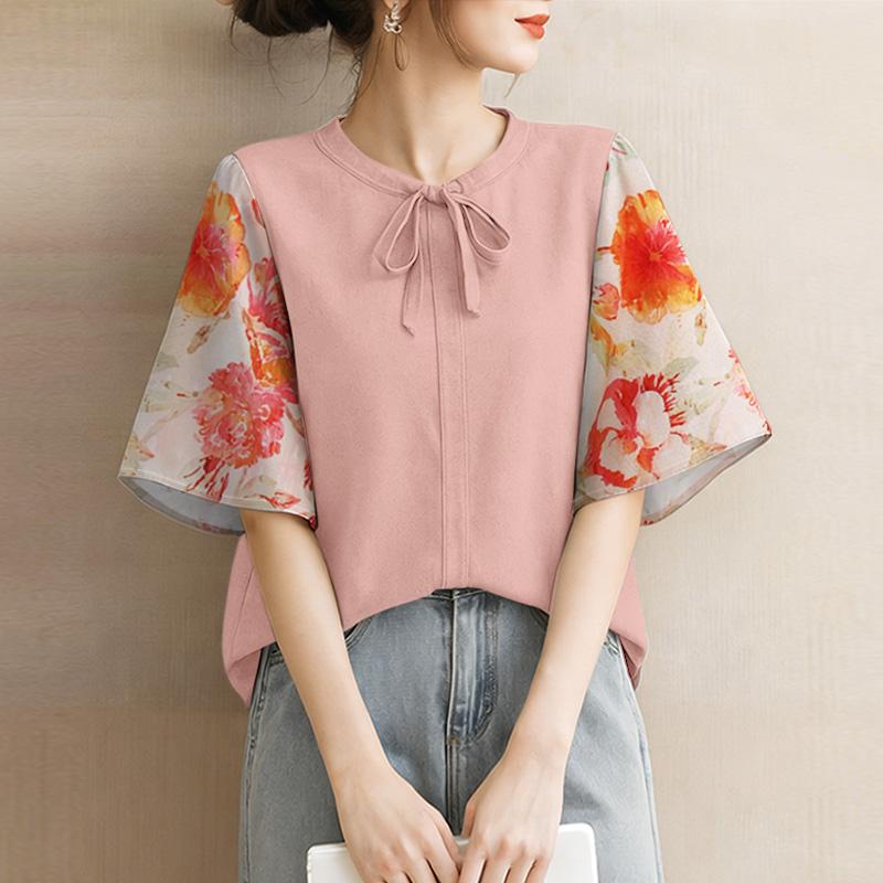 

ZANZEA Женская блузка с принтом, вставками, коротким рукавом, повседневная, с круглым вырезом 5XL розовый