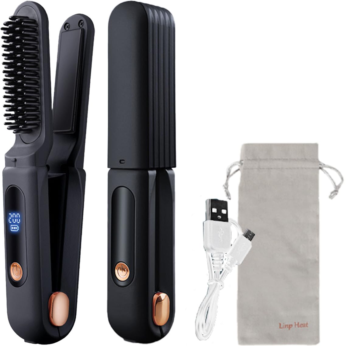 

по волосам Термо-расческа для волос портативная выпрямляющая беспроводная температура волос максимальная керамическая USB-перезаряжаемая [Контролируемый диагностом] расческа, чёрный