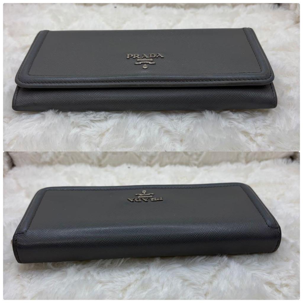 Used Beautiful condition  PRADA Saffiano long wallet, gray, bifold wallet, silver logo