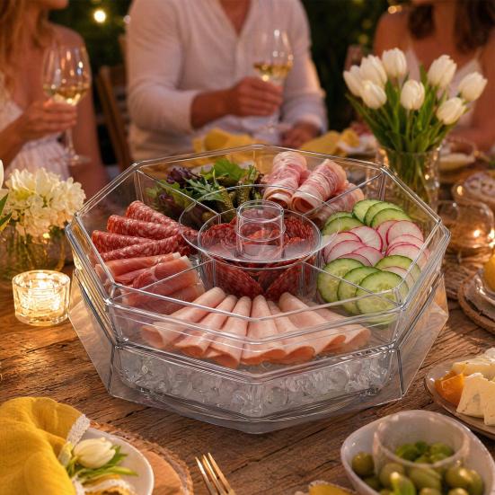 Rotating Serving Tray, with Multi-Compartment And Central Sauce Cup Design, Food Tray for Cold Cuts Seafood Fruits Vegetables