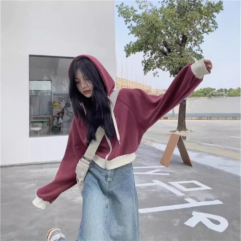 Wind color matching hooded sweater women's autumn loose and thin short small zipper cardigan top