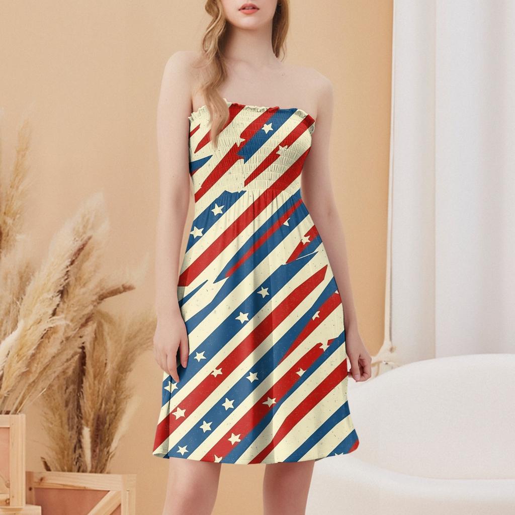 Fashion Women's Casual Bandeau Independence Day Printed Sleeveless Dress
