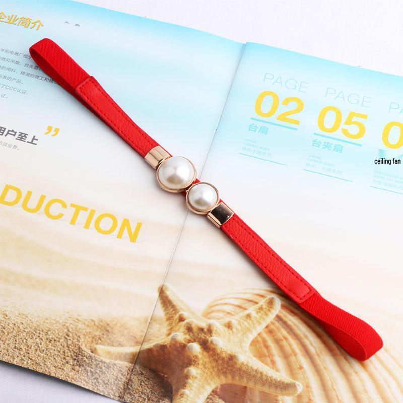 Women's Pearl Double Buckle Leather Belt - Skinny Elastic Waist Cincher Corset.