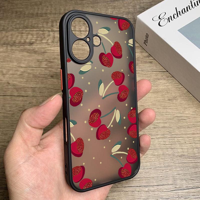 Simple Cherry Pattern Clear Matte Phone Case For iPhone 16 Pro Max 15 Pro 14 13 12 11 Soft Edge Shockproof Lens Protection Slim Phone Cover