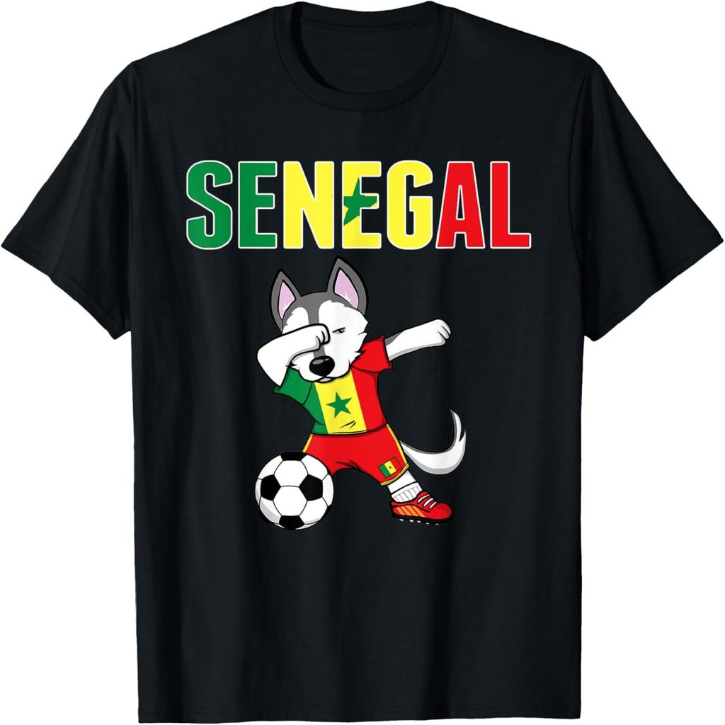 Dabbing Husky Dog Senegal Soccer Fans Jersey Senegalese Flag T-Shirt