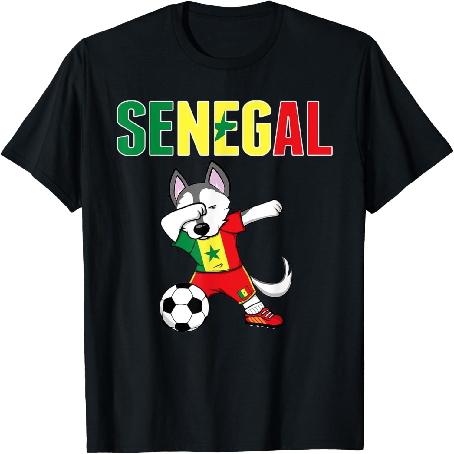 Dabbing Husky Dog Senegal Soccer Fans Jersey Senegalese Flag T-Shirt S