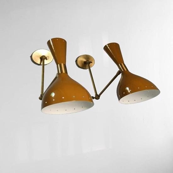 Mid-Century Italian Brass Wall Sconce Pair Brown Diabolo Lamps